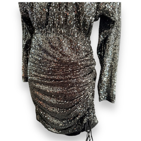 FREE PEOPLE Sequin GISELLE Drawstring Ruche Hem Graphite Mini Dress Medium NWT - Picture 10 of 11